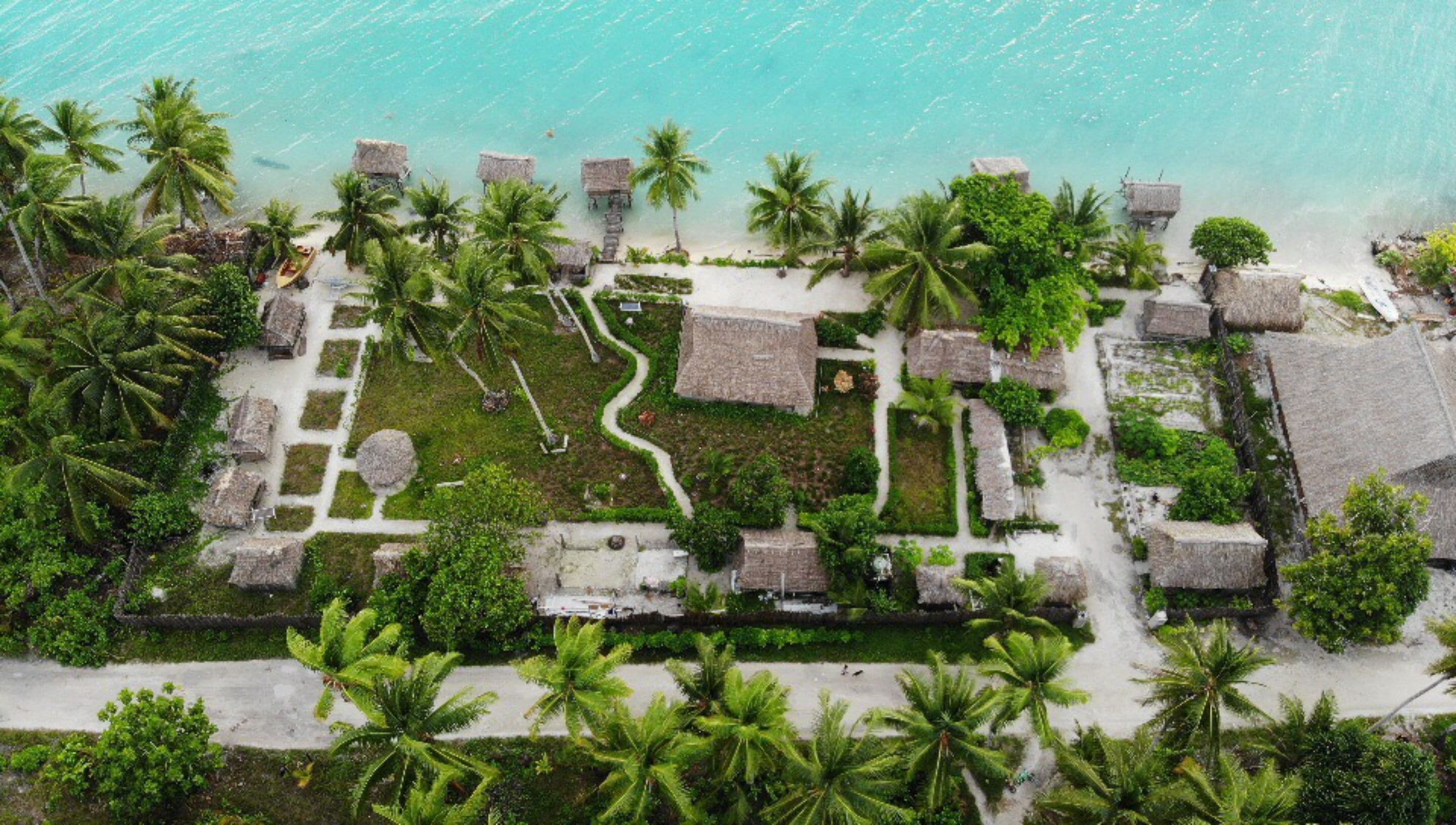 Luchtbeeld van een resort met rieten hutten, palmbomen en een heldere turquoise zee.