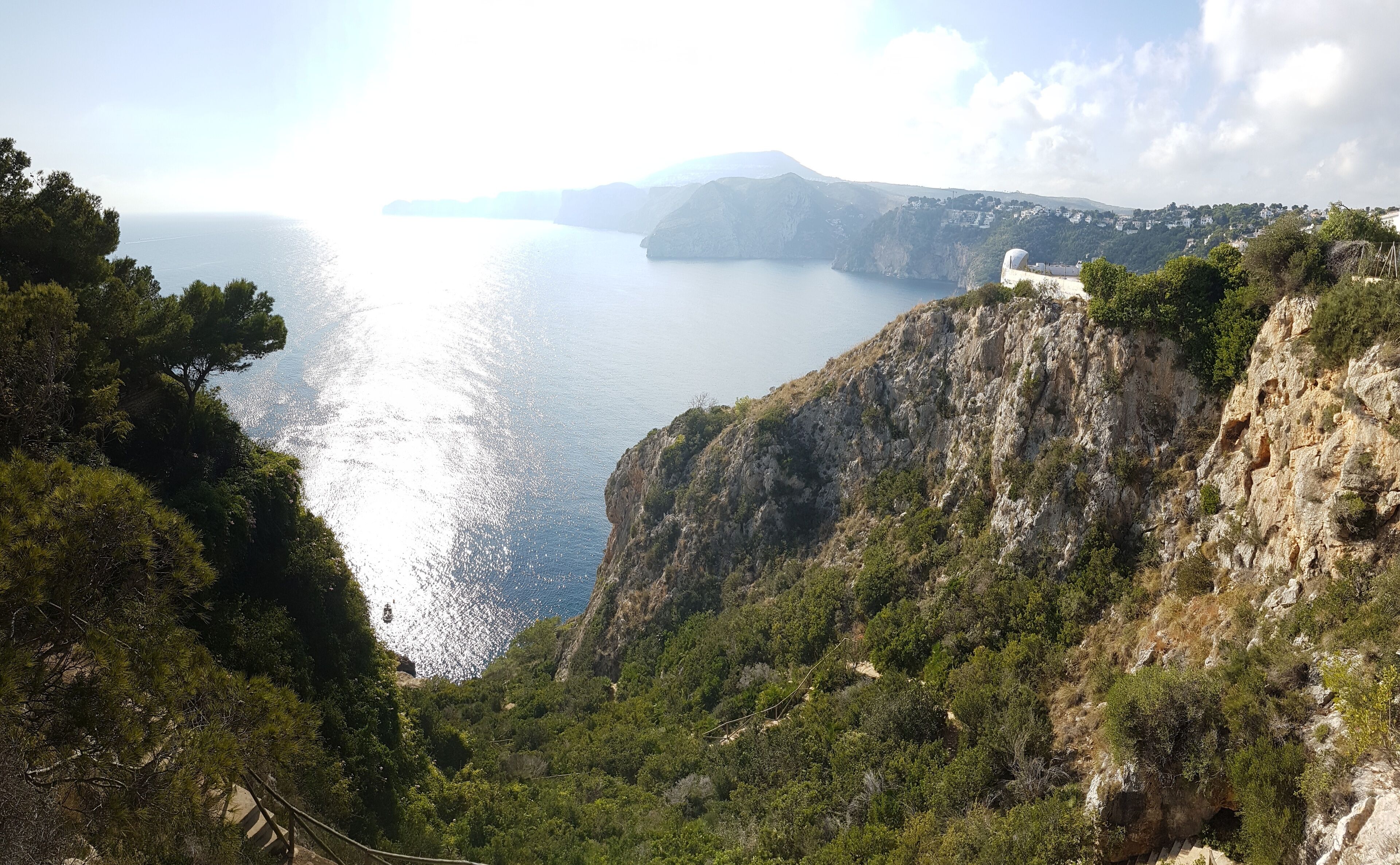 A coastal landscape with a rocky cliff, dense greenery, and a view of the sea.
