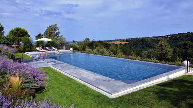 A rectangular swimming pool with a clear blue water surface, surrounded by a well-maintained lawn and lush greenery.