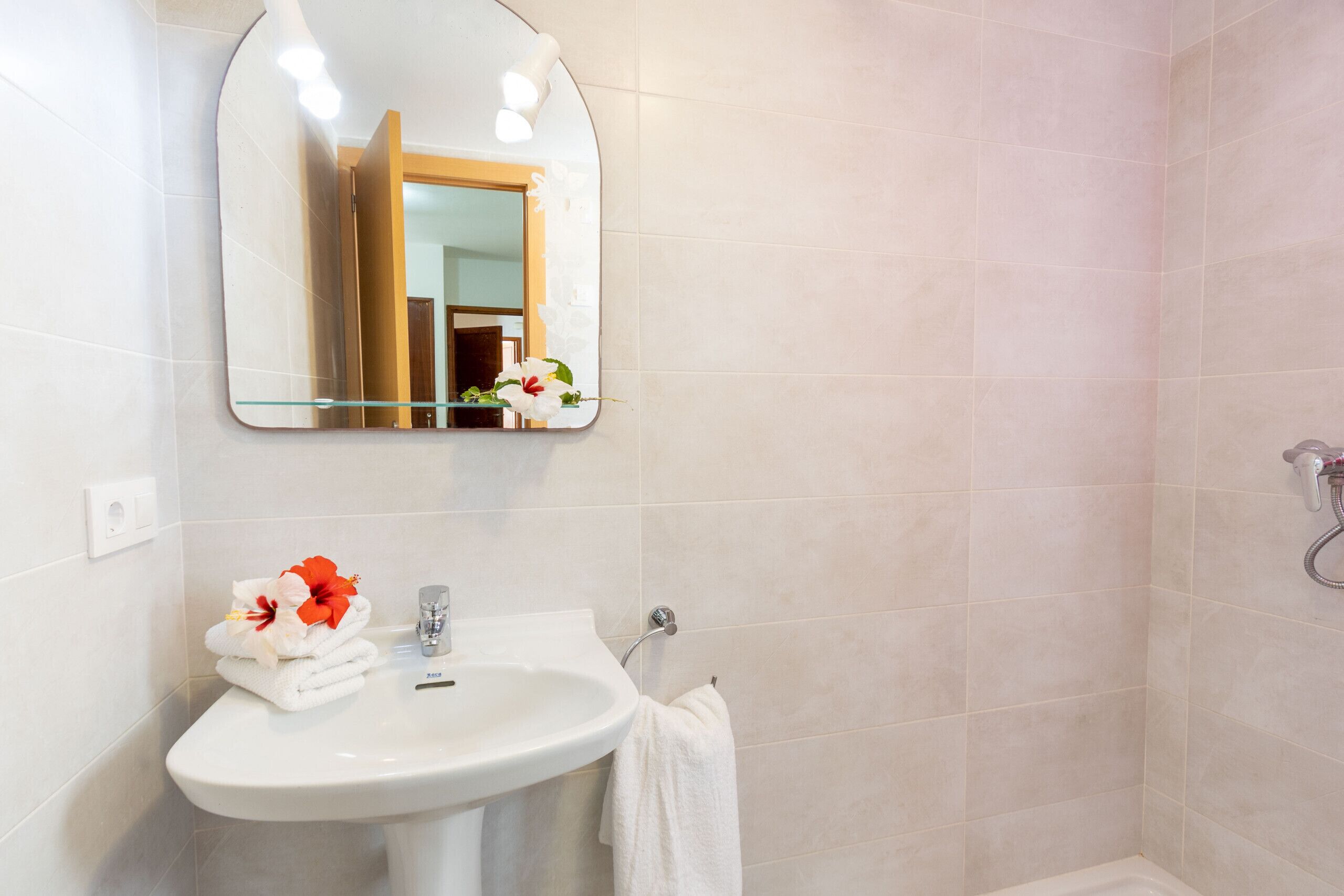 A bathroom with a sink, mirror, and shower.