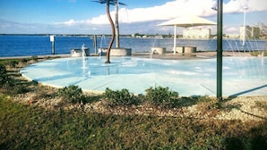 A pool with water jets, a palm tree, and a view of the sea. - Best Value in Clearwater/ St. Pete Region! (Madeira Beach)