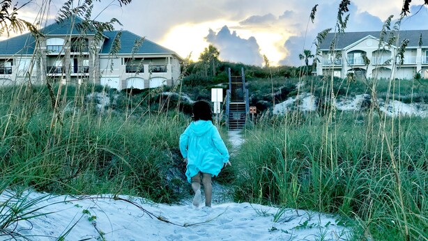 A pathway leading to a beach with houses in the background. - Immaculate Family Friendly 3BR/3BA  Beach Villa with TESLA Charger (Amelia Island)