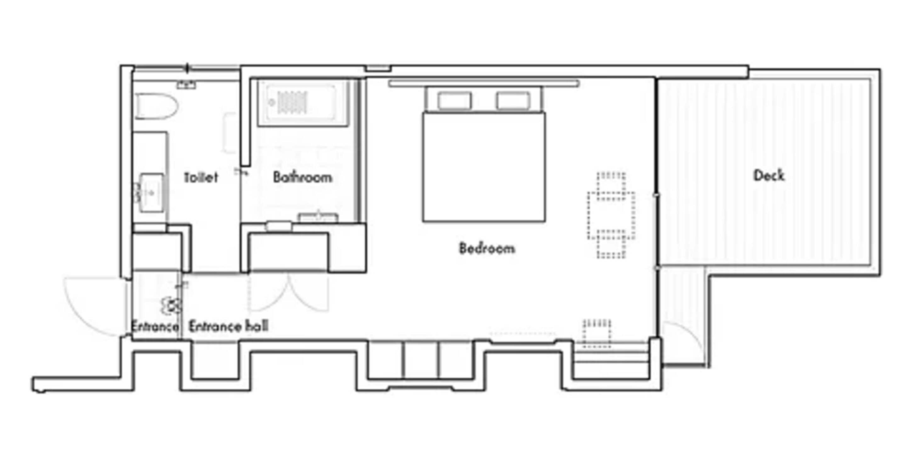 A floor plan with a bedroom, bathroom, toilet, and an entrance hall.