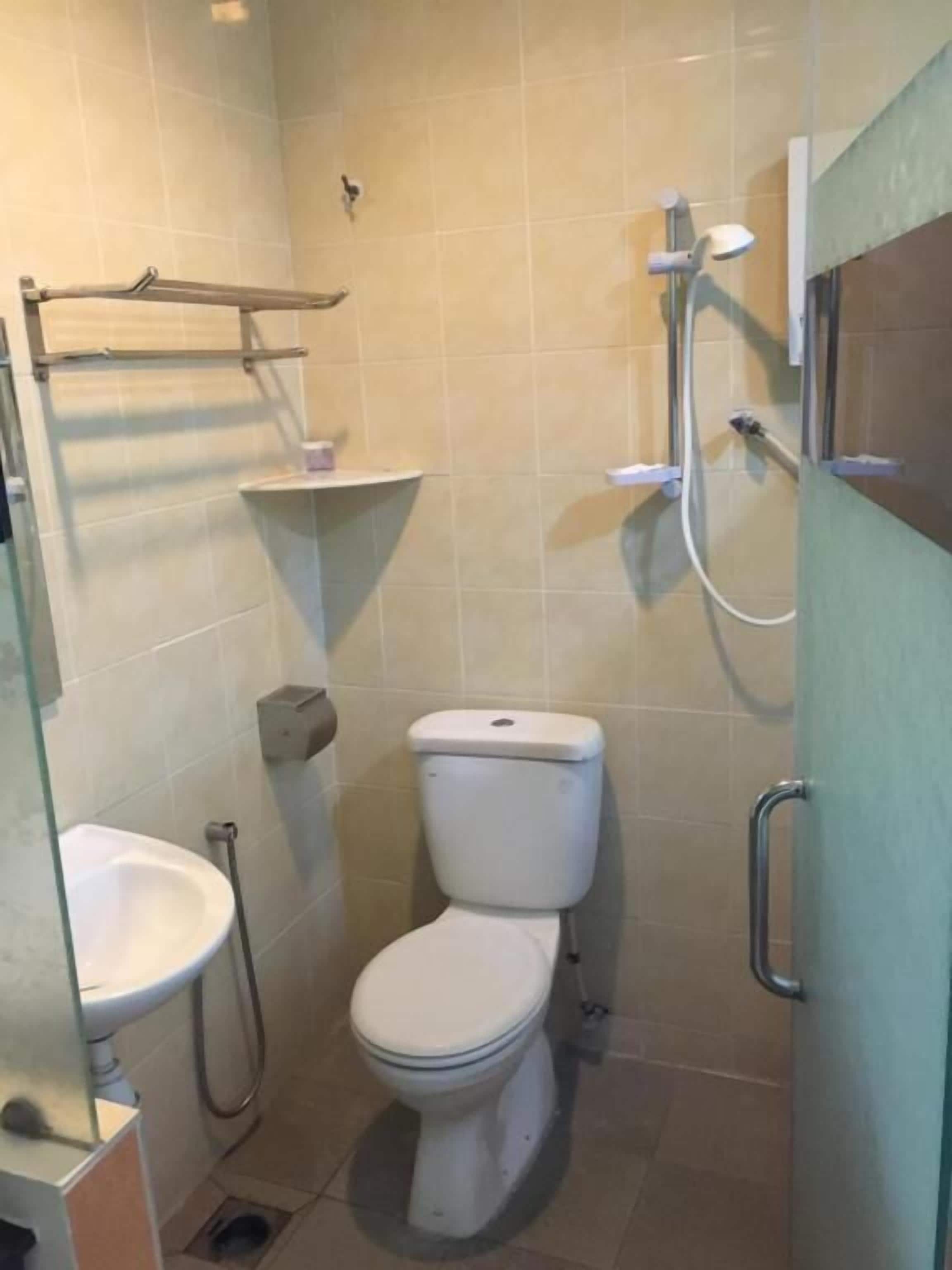 A small bathroom with a toilet, a sink, and a shower.