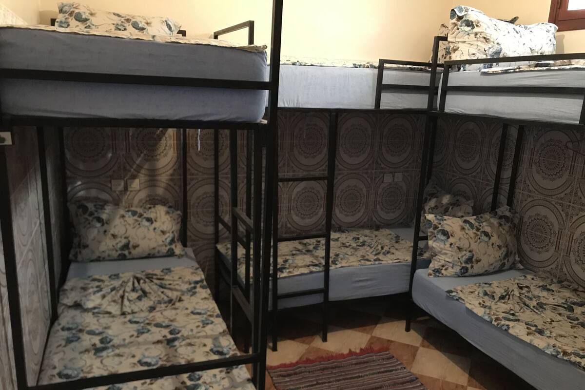 A dormitory room with bunk beds, patterned bedding, and a checkered floor.