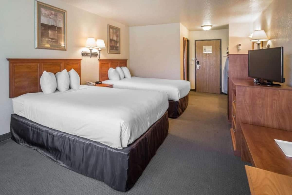 Een hotelkamer met twee bedden, nachtlampjes, een televisie en een bureau.