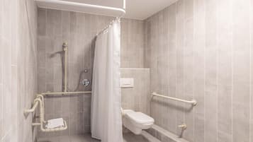 Chuveiro, toalhas de banho, sabonete, shampoo