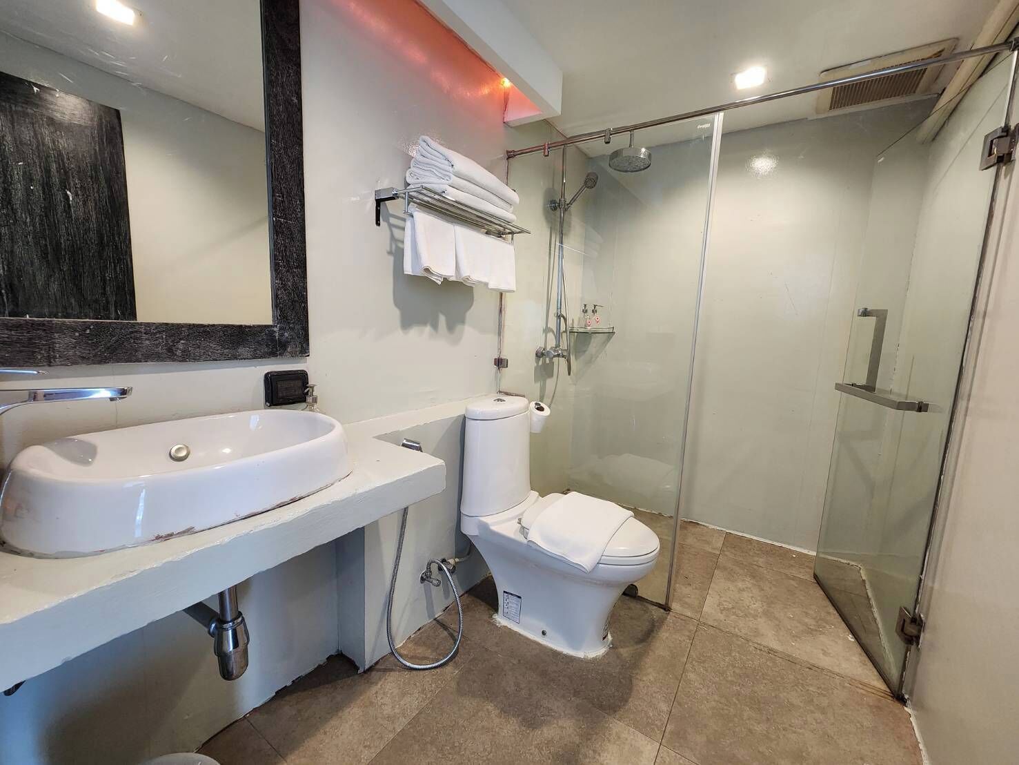 A modern bathroom with a large sink, toilet, and glass-enclosed shower.