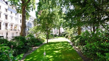 A well-maintained garden with a clear pathway, surrounded by lush greenery and trees.