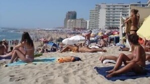 A crowded beach with people sunbathing and swimming, and buildings in the background.