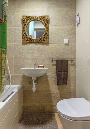 Hair dryer, towels, soap