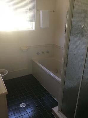 Bathtub, hair dryer, towels, toilet paper