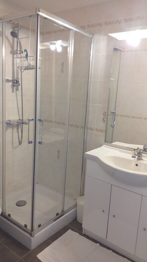 Shower, hair dryer, soap, toilet paper