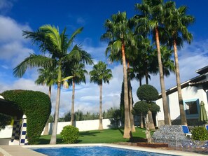 A pool area with palm trees, a neatly trimmed hedge, and a tiled lounge area. - Stunning, private villa with beautiful pool, gardens & views (Coin)