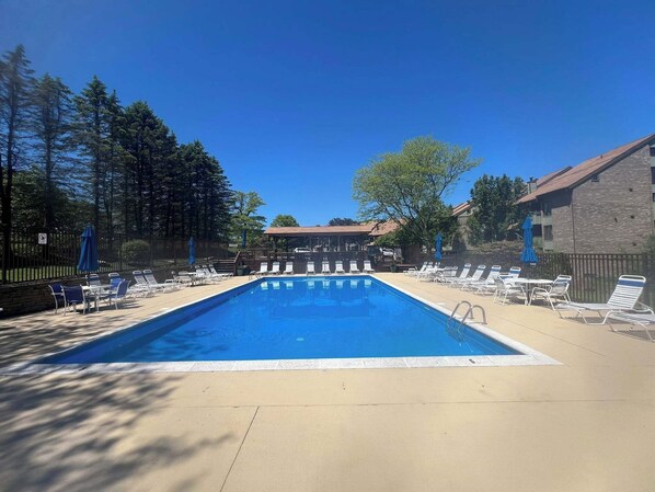 A rectangular swimming pool with lounge chairs and umbrellas, surrounded by a fence and trees.