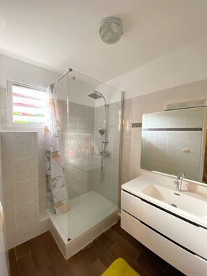 Shower, hair dryer, towels