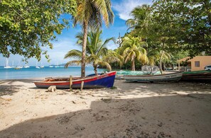 Een strand met boten, palmbomen en een heldere lucht.