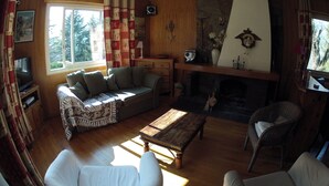 Un salon chaleureux avec une cheminée, des murs en bois, un canapé et un téléviseur.