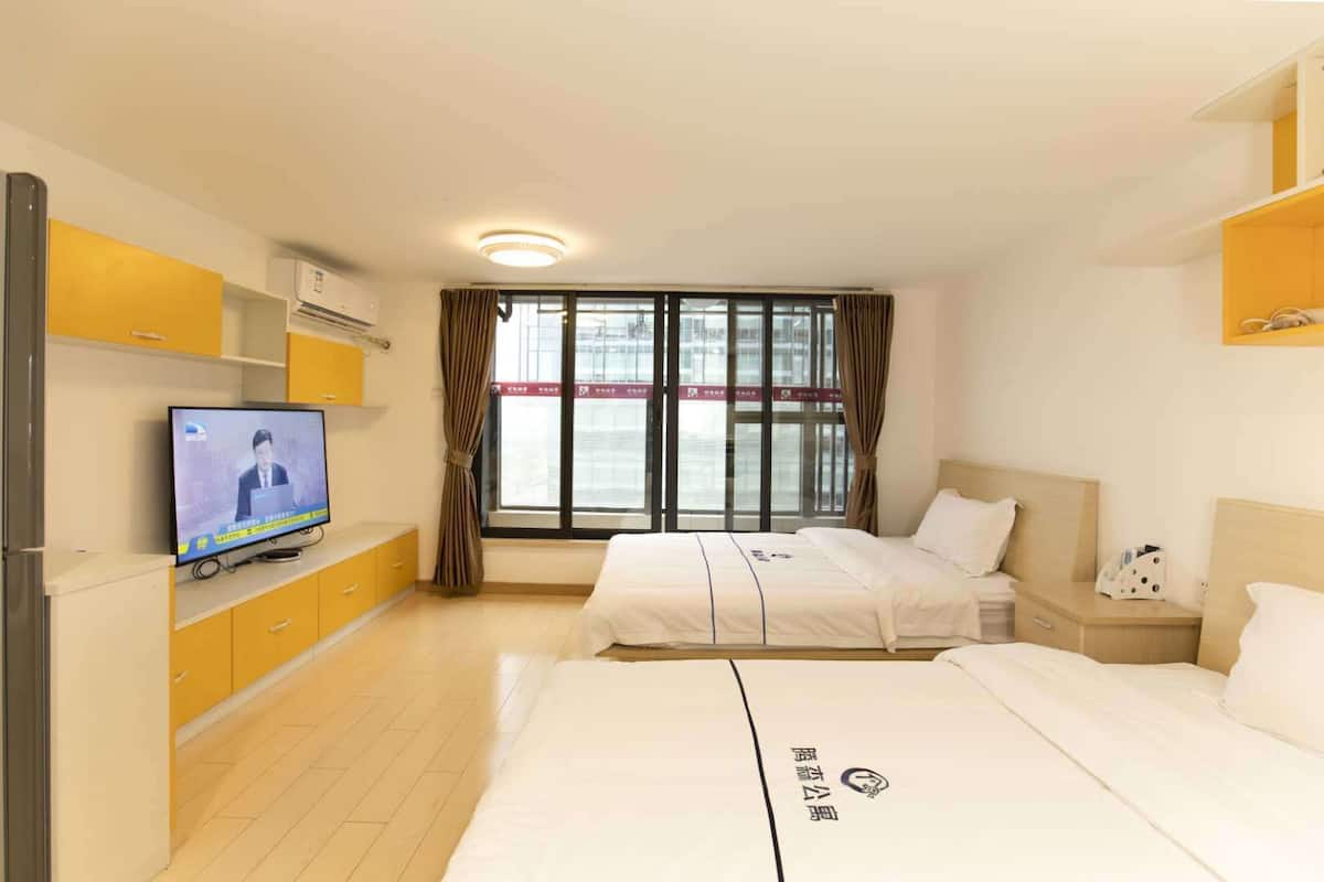 Habitación de hotel con dos camas, un televisor sobre un mueble bajo, una ventana con cortinas y una lámpara en el techo.