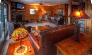 Una televisión, una chimenea, un reproductor de DVD