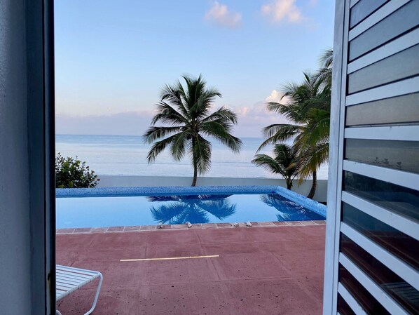 A view of a swimming pool with a clear sky and palm trees. - Welcome to Coconut Cay *As Seen on HGTV (Vieques)