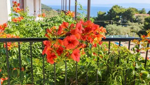A balcony with a view of the sea, surrounded by green plants and red flowers. - Angelina Studios (Skiathos)