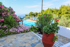 Un espace autour d’une piscine dallé de pierres, agrémenté de chaises longues et entouré d’une végétation luxuriante et de plantes en fleurs.