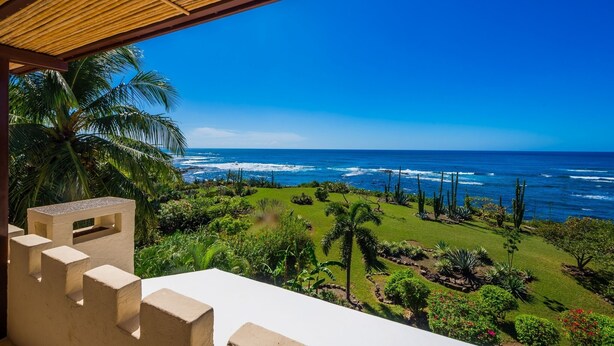 Uitzicht vanaf een balkon op een kustlandschap met palmbomen en een helderblauwe lucht.