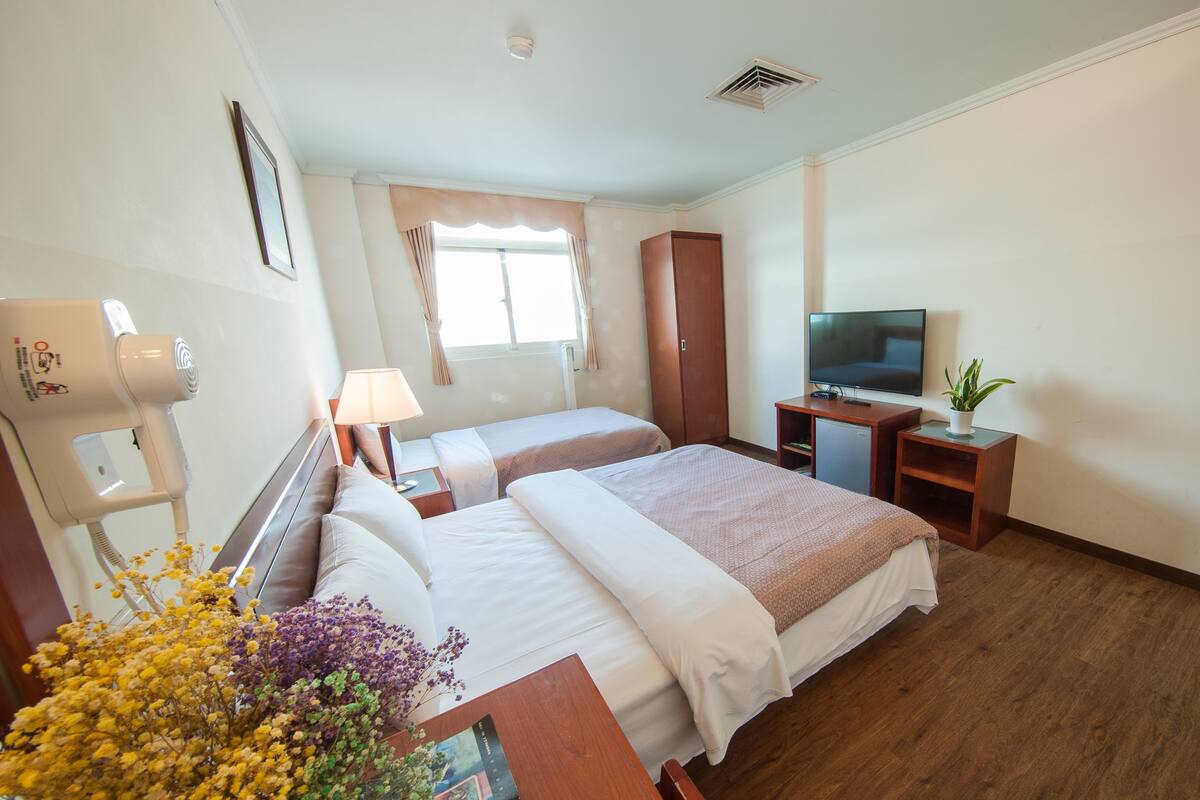A hotel room with two beds, a TV, a desk, a chair, a lamp, a plant, and a window with curtains.