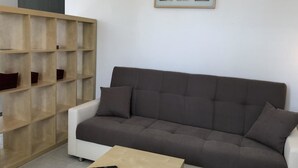 Un salon avec un canapé gris, une étagère en bois et un tableau encadré accroché au mur.