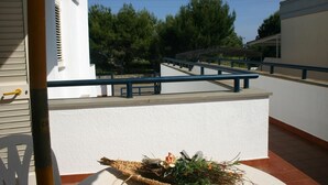 Un balcon avec une balustrade, un mur blanc et une petite composition florale.