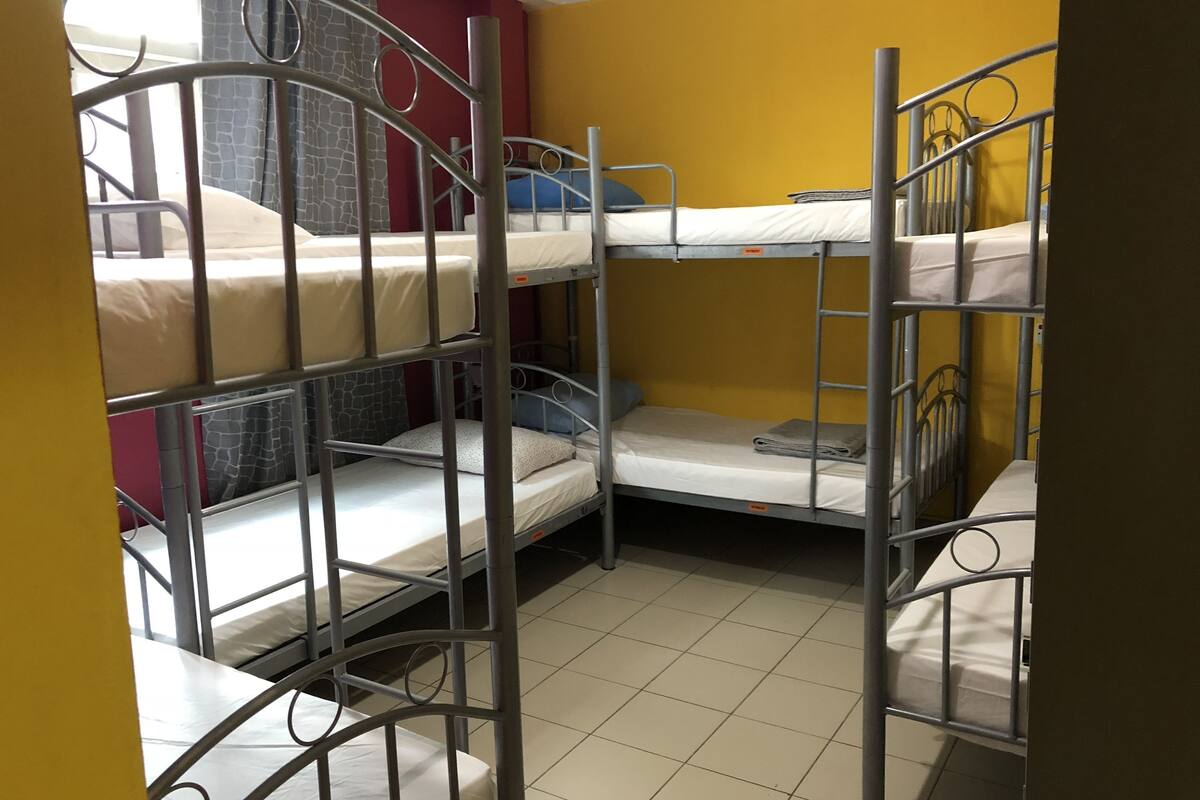 A dormitory room with bunk beds, a stone-patterned wall, and a yellow wall.