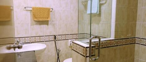 A bathroom with a glass-enclosed shower, a sink, and a toilet.