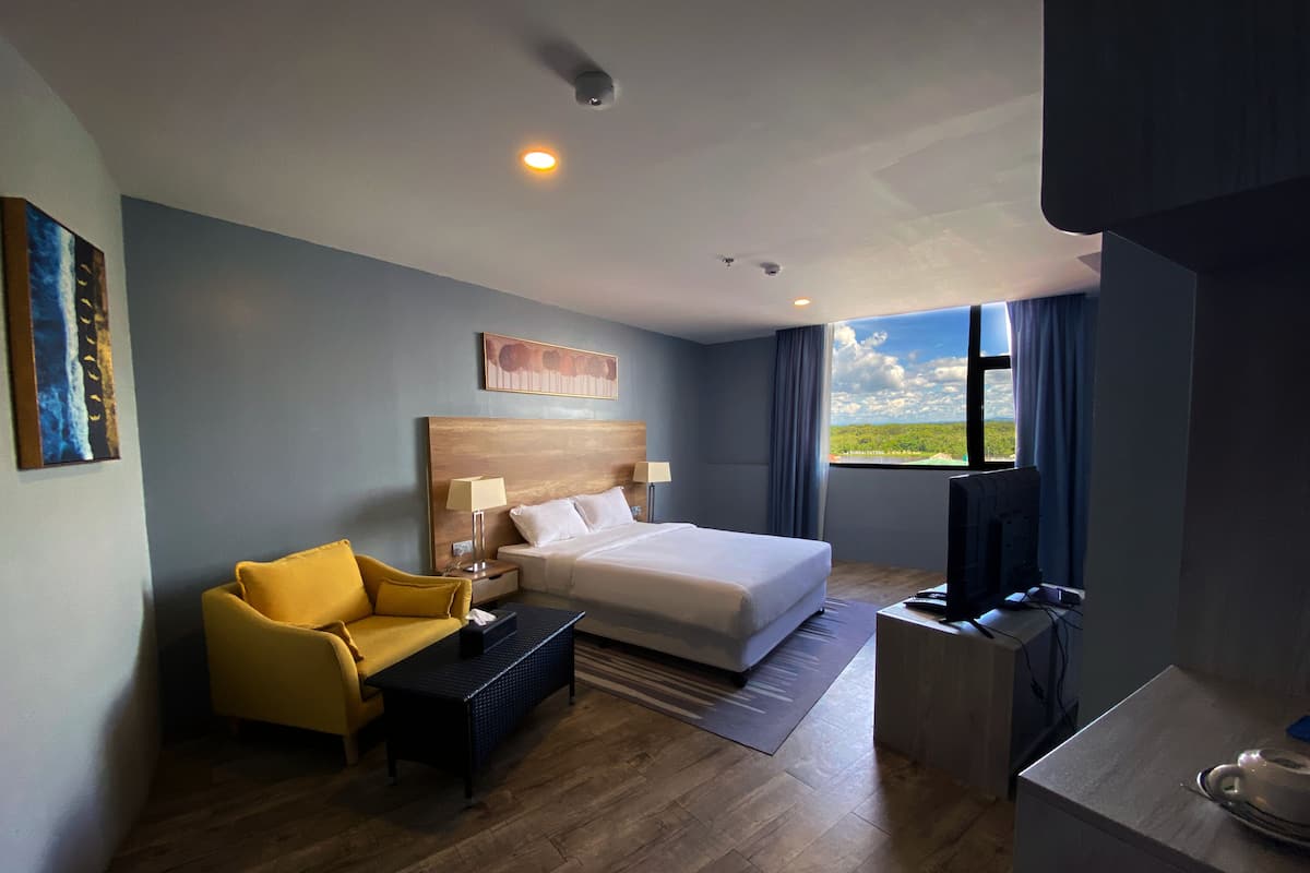 Une chambre d’hôtel avec un lit, un fauteuil jaune, un bureau, une télévision et une fenêtre donnant sur un paysage.