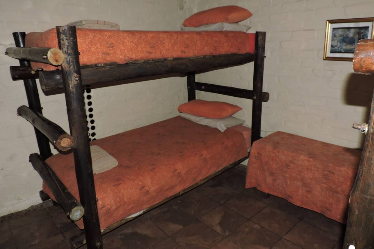 A bunk bed with a wooden frame and orange bedding.