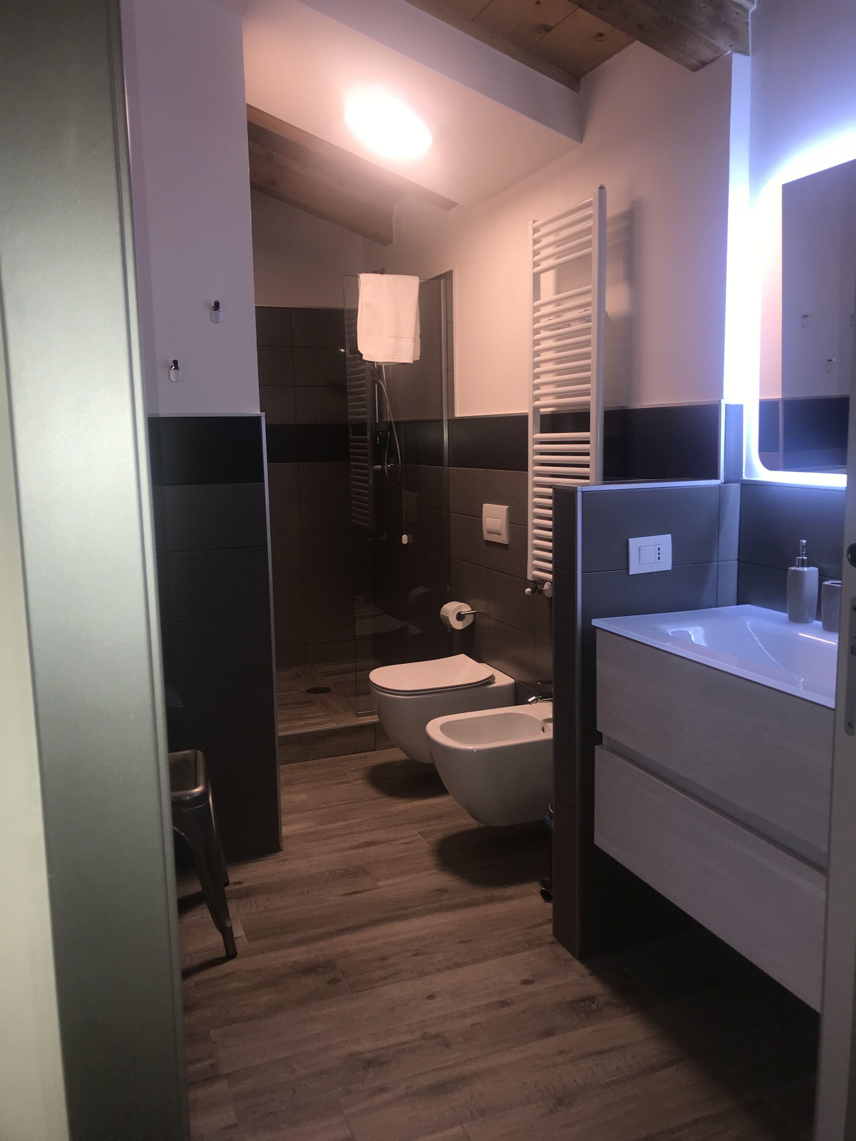 A modern bathroom with a shower, toilet, bidet, and a vanity with a mirror.
