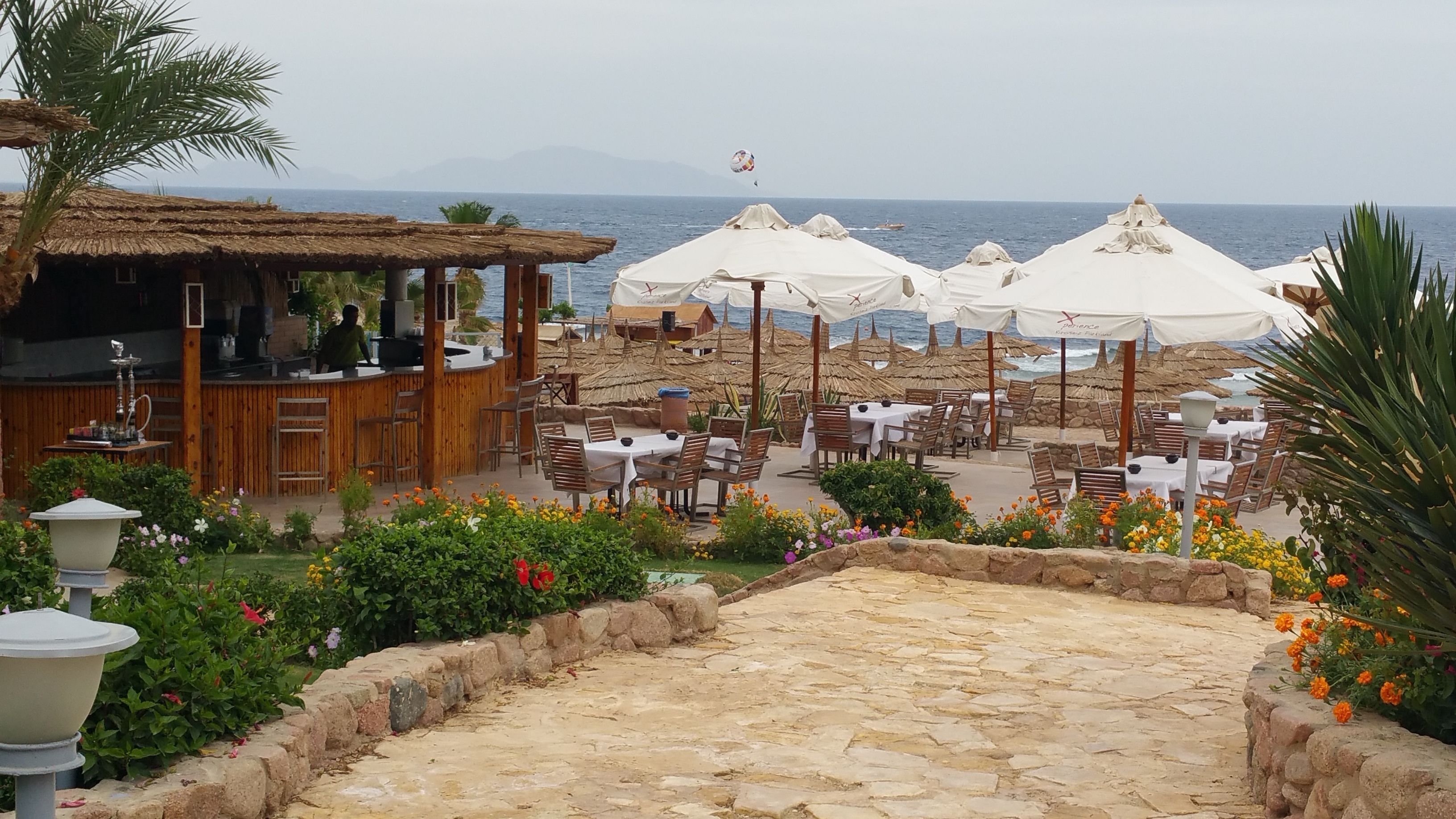 Un restaurante frente a la playa con terraza, bar y vistas al mar.