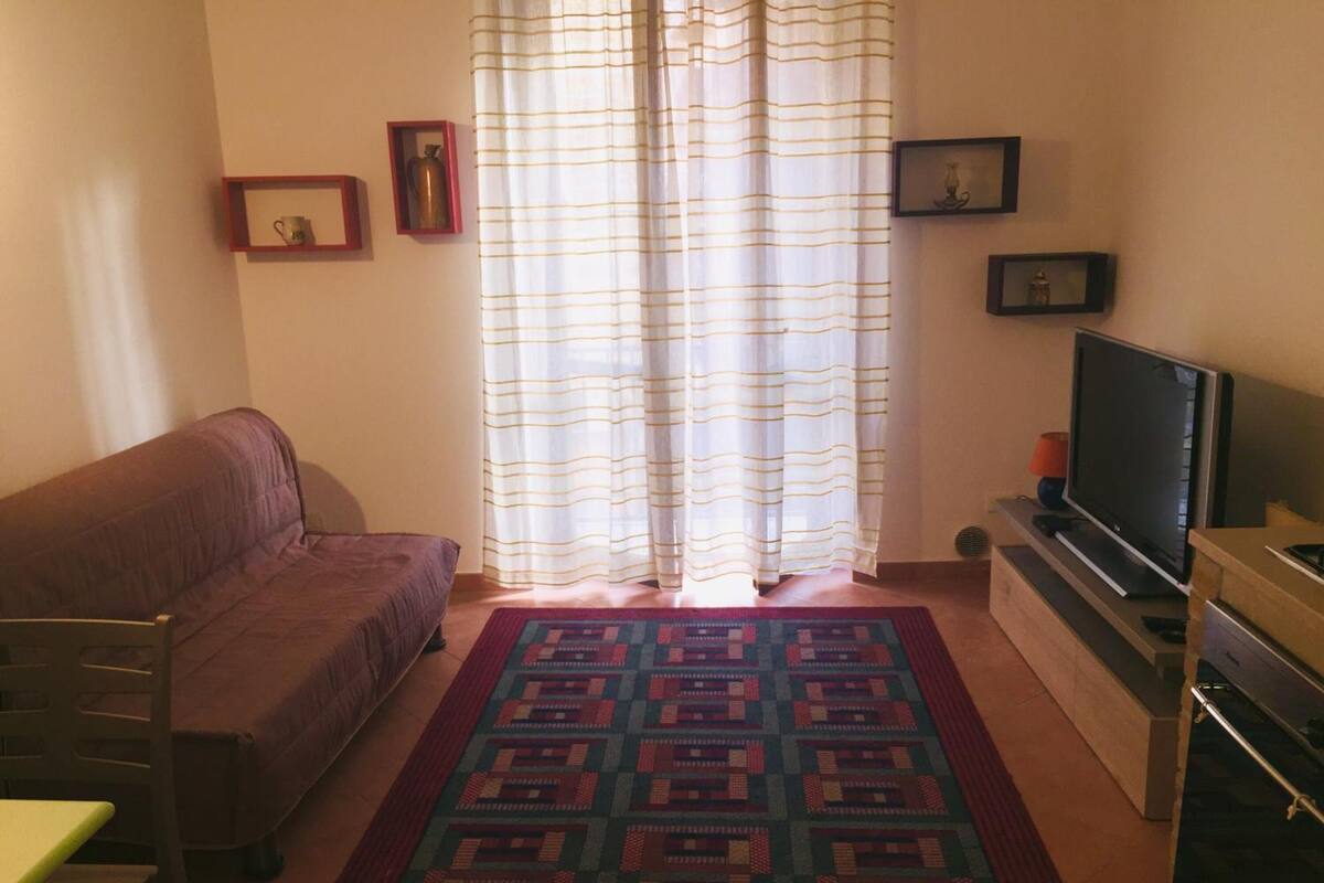 A living room with a sofa, a television on a stand, a patterned rug, and curtains.
