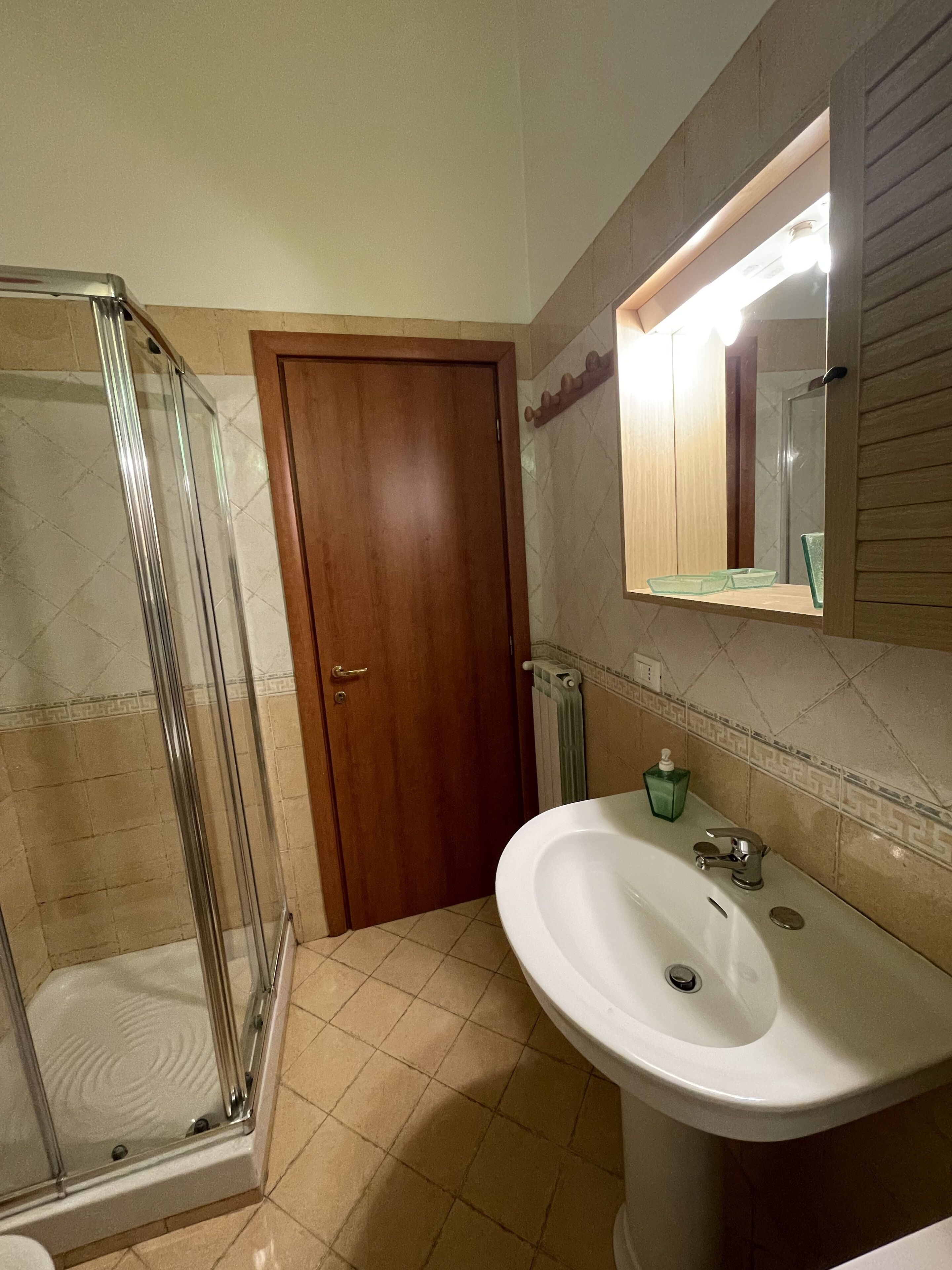 Une salle de bain avec une douche à parois de verre, une porte en bois, un lavabo blanc et un miroir au-dessus.