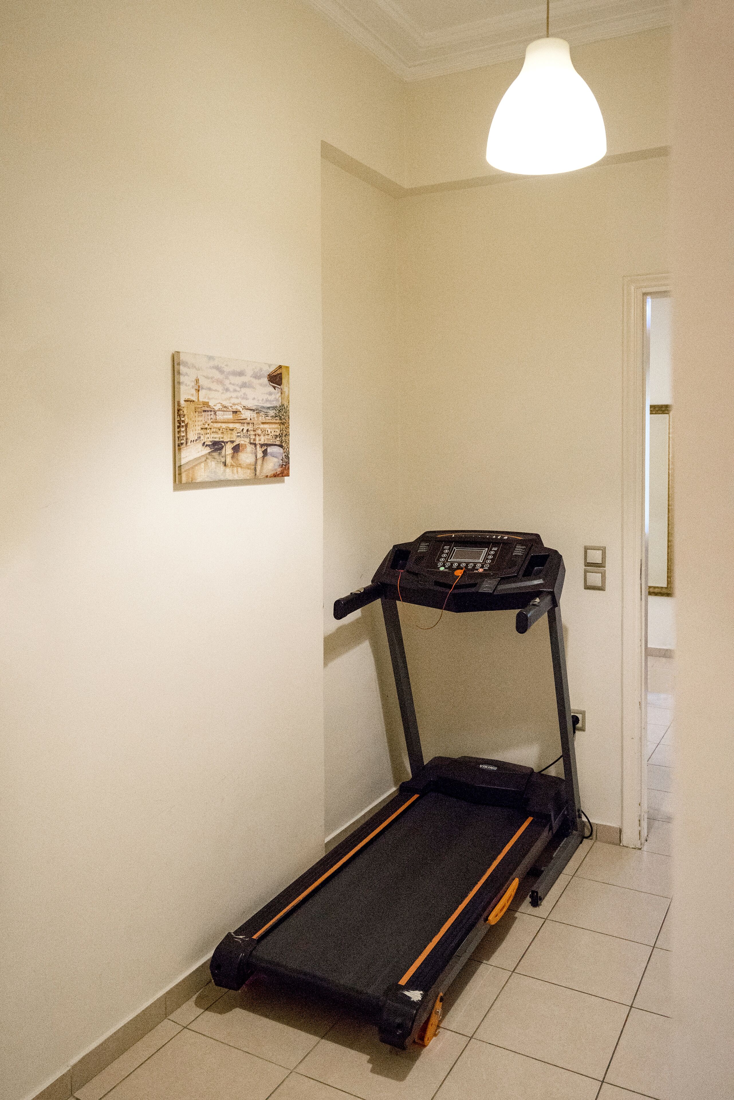 A hallway with a treadmill, a painting on the wall, and a door at the end.