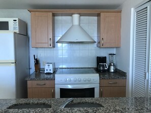 Fridge, oven, stovetop, cookware/dishes/utensils
