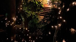 A house with a porch surrounded by trees, illuminated by string lights.