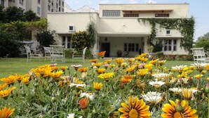 A building with a garden in front, featuring a variety of flowers and outdoor furniture. - Nokha House (Jaipur)