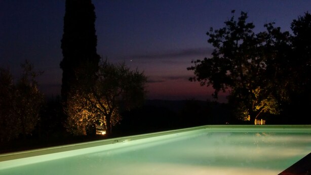 Une piscine au crépuscule, avec des arbres et un lampadaire en arrière-plan.