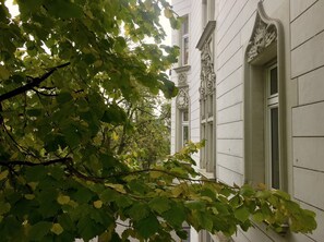 Experience the charm of a classical building with ornate window frames and detailed stonework.