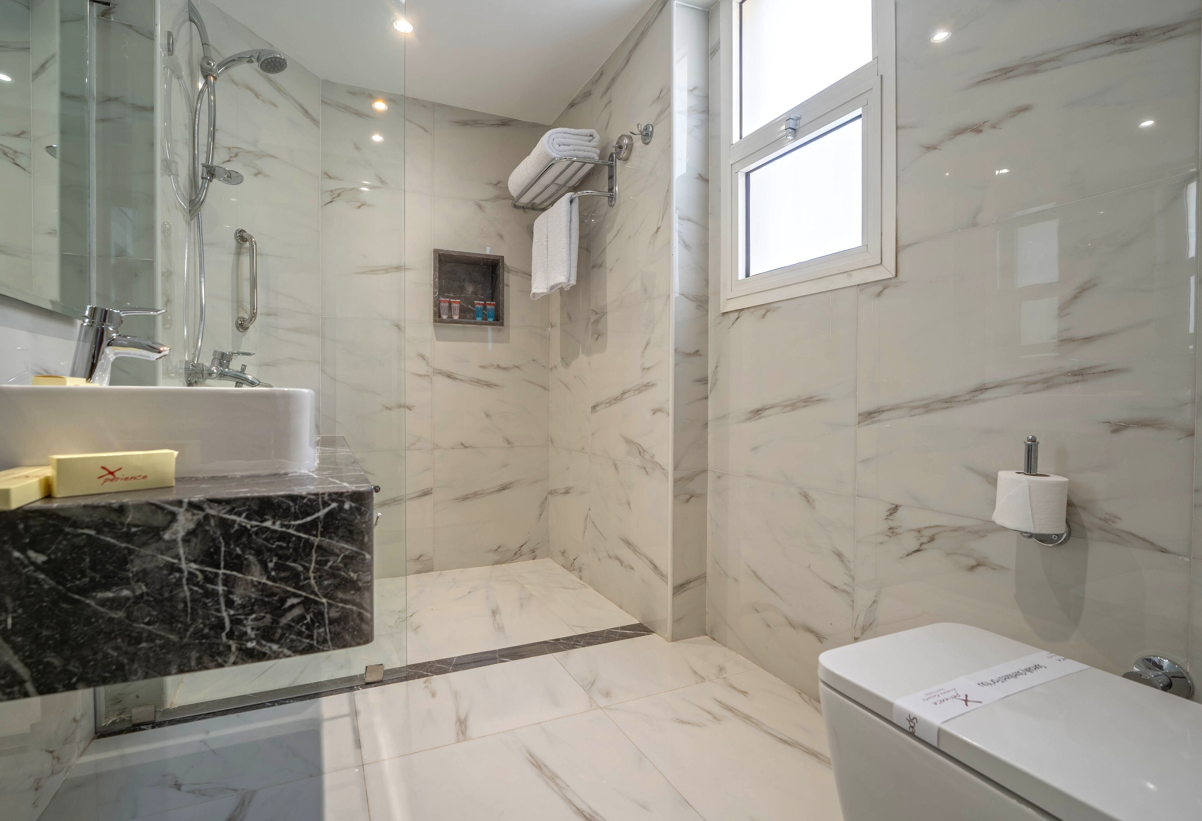 A modern bathroom with a marble vanity, a glass shower enclosure, and a toilet with a paper towel dispenser.
