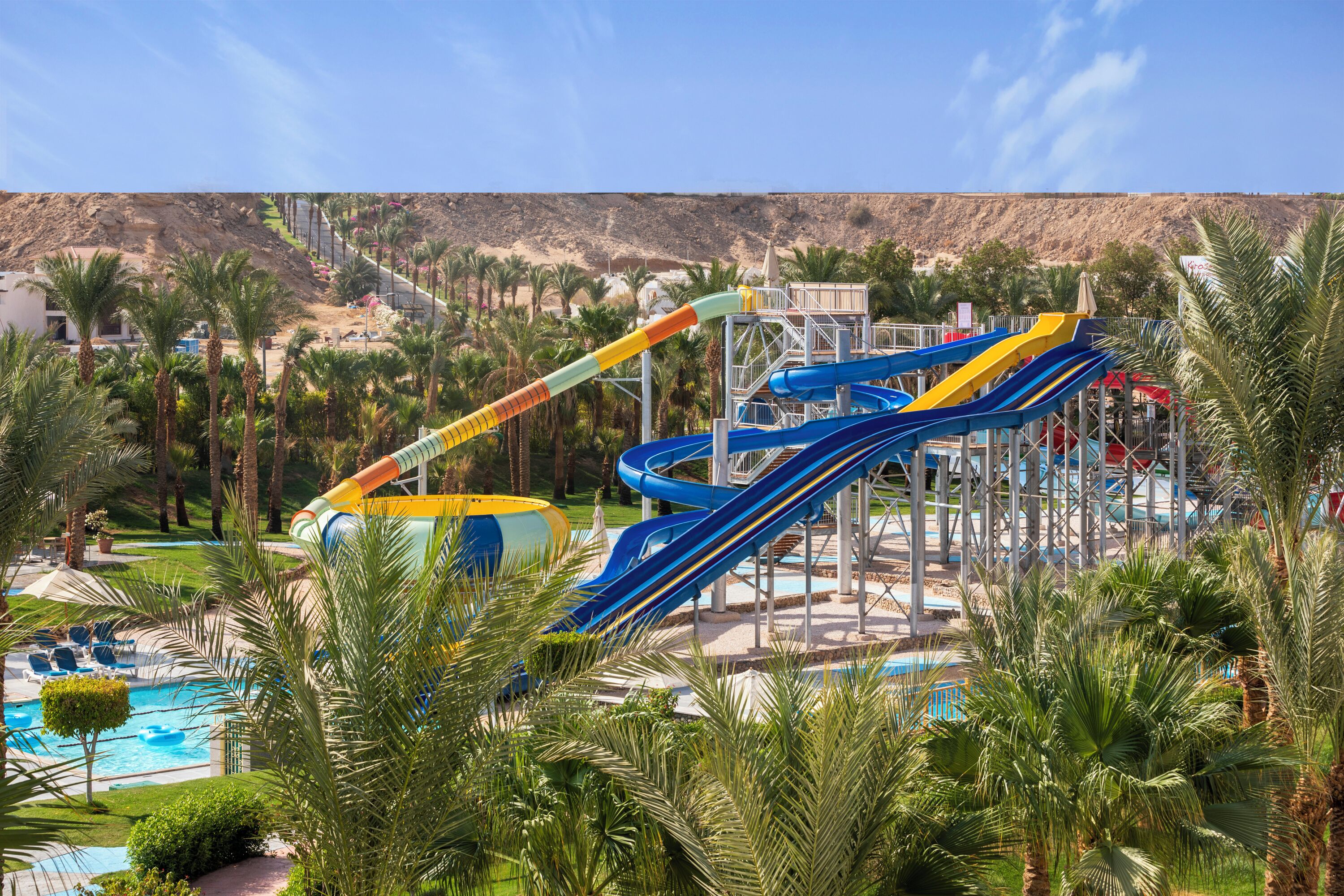 A water park with multiple slides and a pool area surrounded by palm trees.