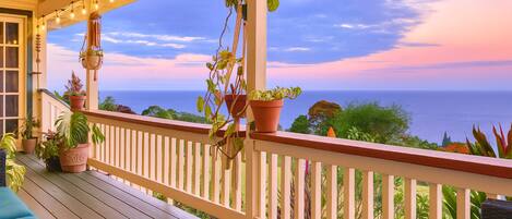 Una terraza de madera con baranda, plantas en macetas y luces colgantes.