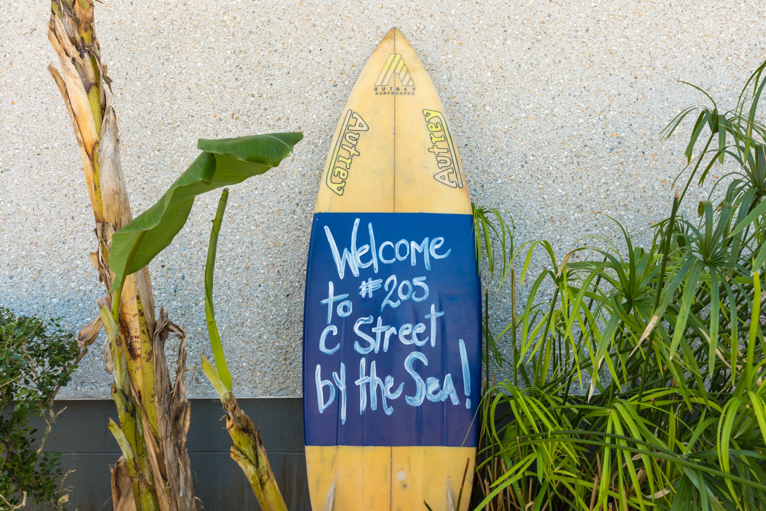 A surfboard-shaped sign with "Welcome to #205 C Street by the Sea!" written on it.