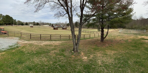 A fenced outdoor area with a grassy field, a wooden fence, and a building in the background. - Adorable Cozy House Near Tryon Equestrian Center (Tryon)